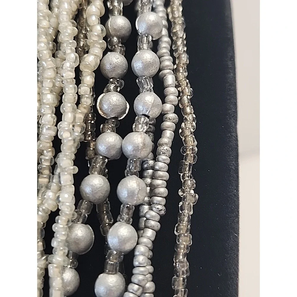 Mutli-Strand Layered Bib Necklace Silver Tones‎ W/ Glass Seed Beads 30